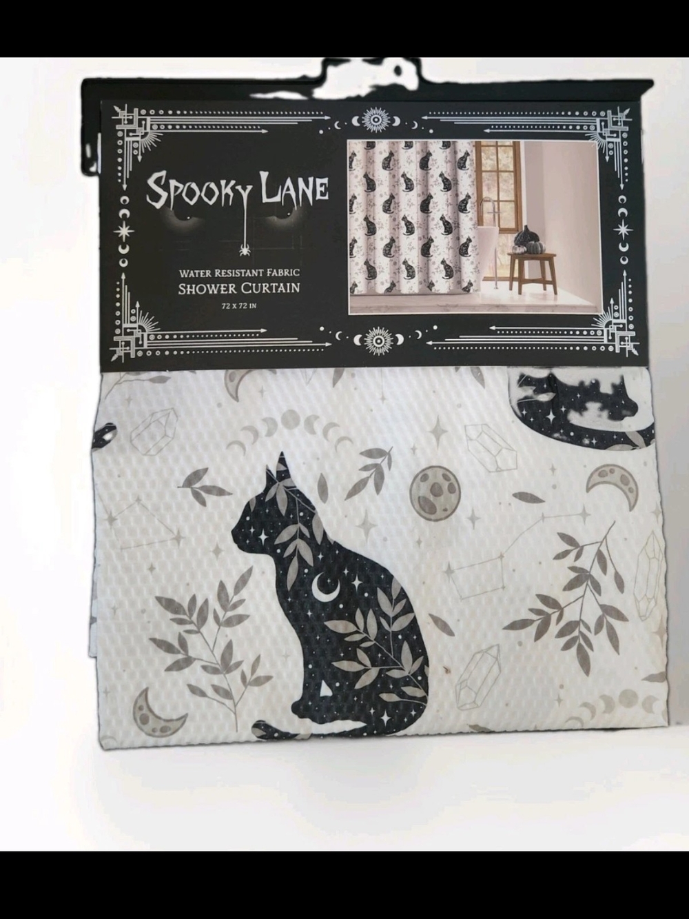 Spooky Lane Halloween Black Cat Water Resistant Fabric Shower Curtain